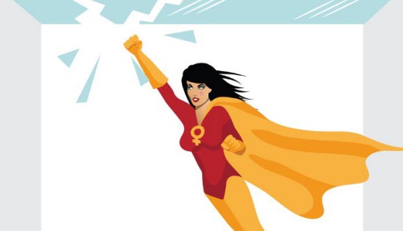 Superwoman breaking through the glass ceiling